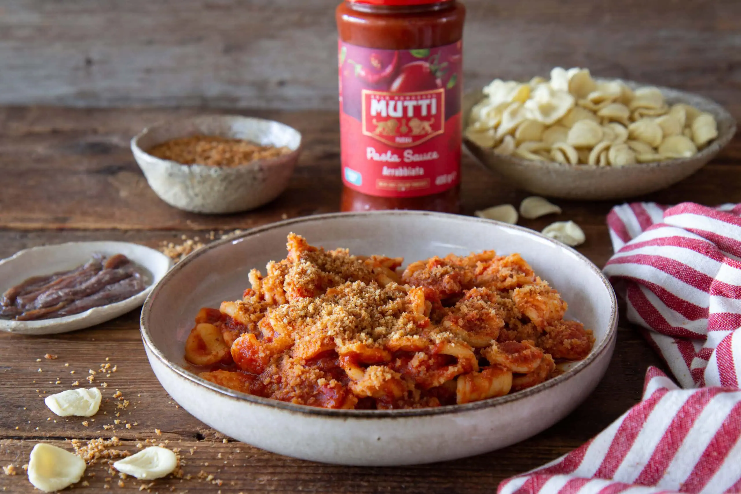 Orecchiette Pasta with Spicy Tomato Sauce, Anchovies and Crispy Breadcrumbs