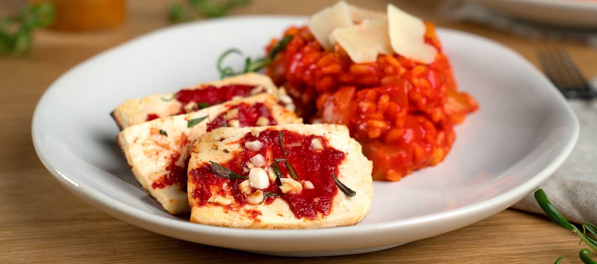 Veganes tomaten-risotto mit tofu