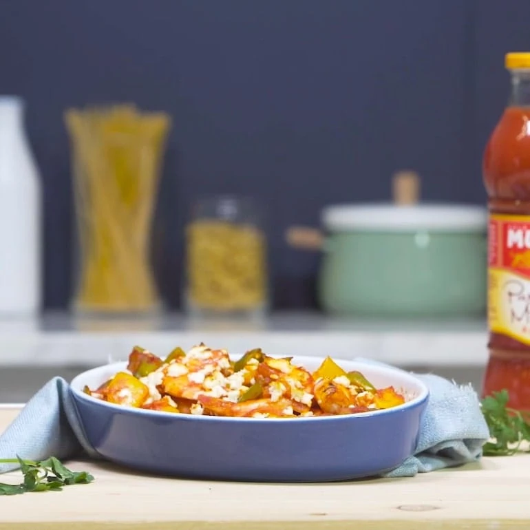Crevettes aux poivrons, tomates et feta