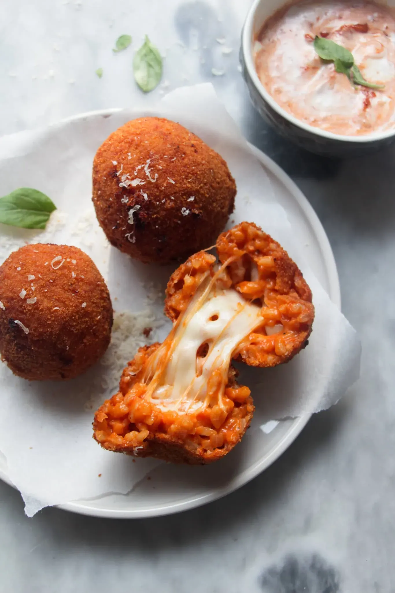 creamy tomato and mozzarella arancini, with tomato aioli