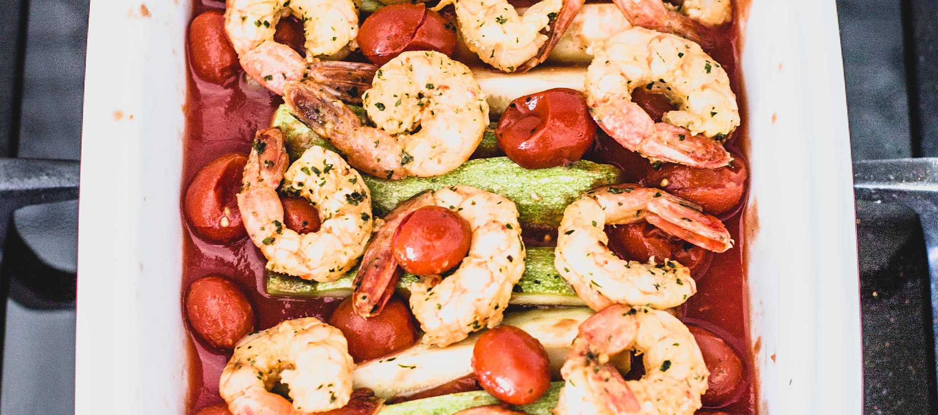 Prawn baked with baby Roma tomatoes