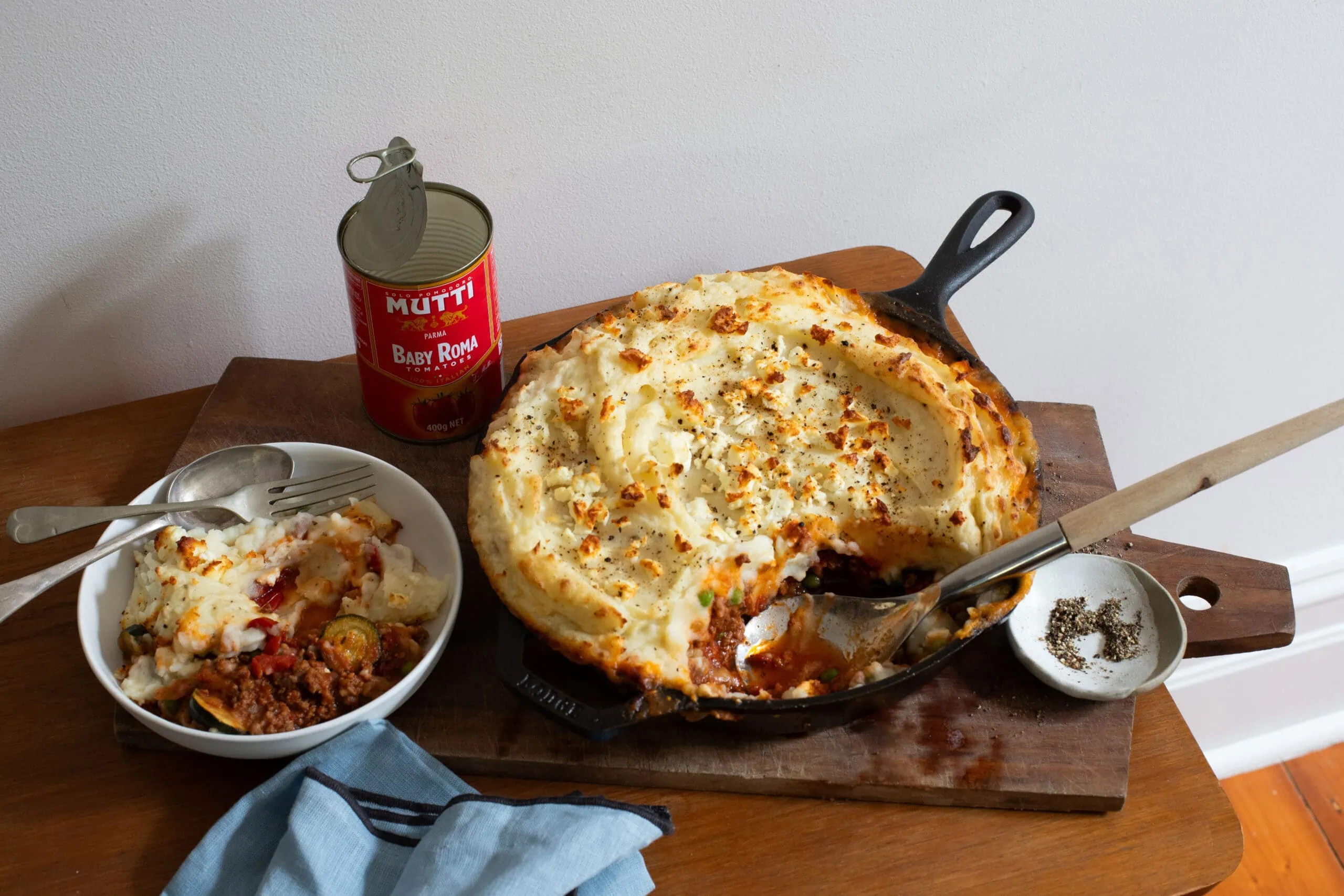 Greek lamb shepherd’s pie with mutti tomatoes and feta mash
