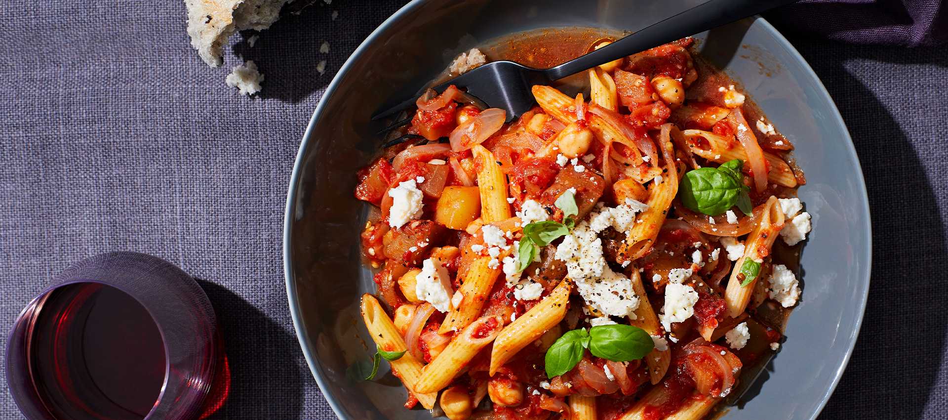 Penne with Eggplant, Tomatoes &#038; Chick Peas