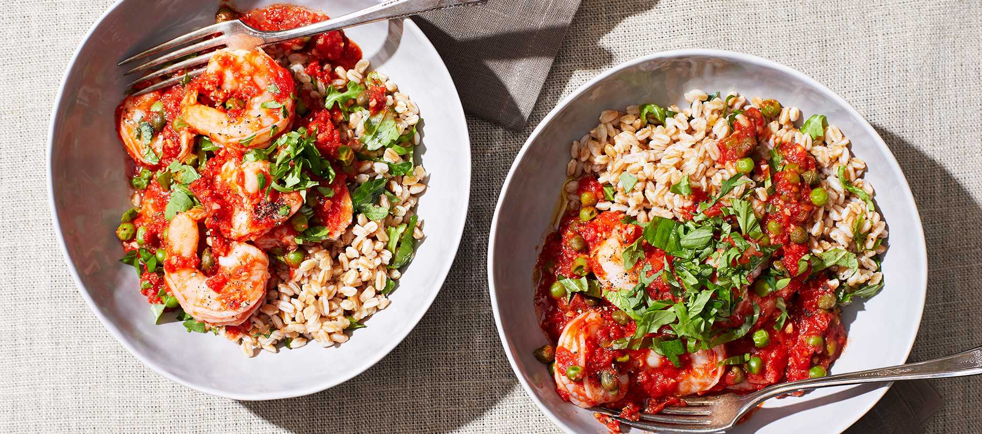 Tomato-Poached Shrimp with Peas, Herbs &#038; Farro