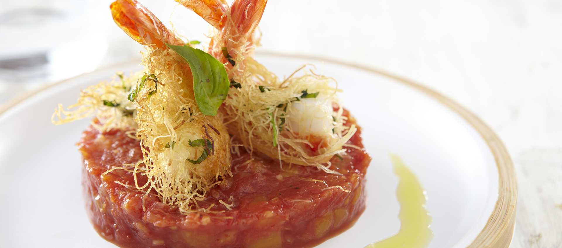 Kataifi prawn with basil, tomato and exotic fruit chutney
