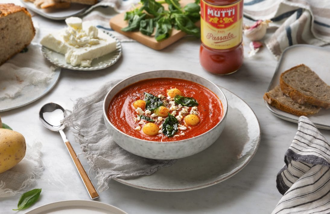 Tomato Soup with potato spheres and fried basil
