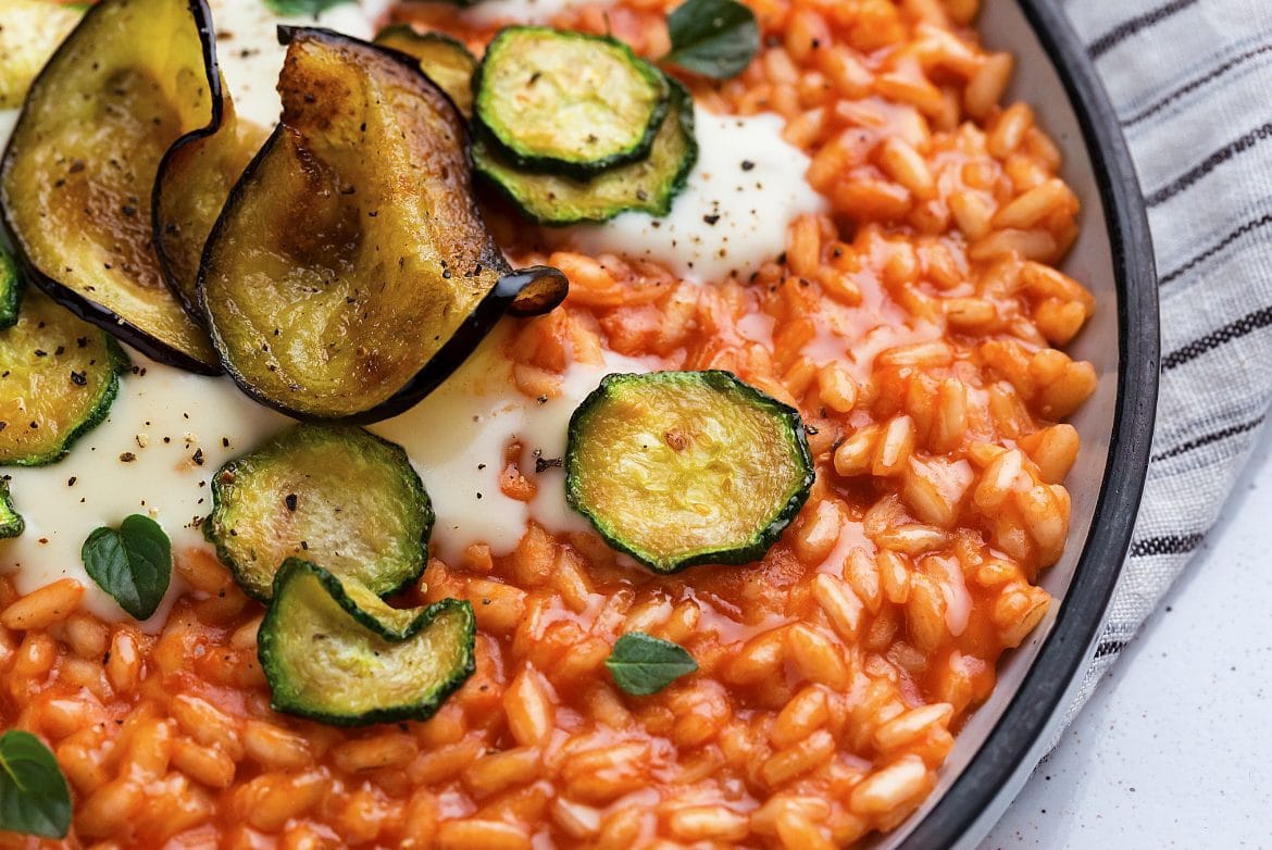 Tomato Risotto with Parmesan Fondue and Fried Veggies